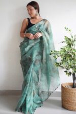 DarkSeaGreen-organza-printed-saree