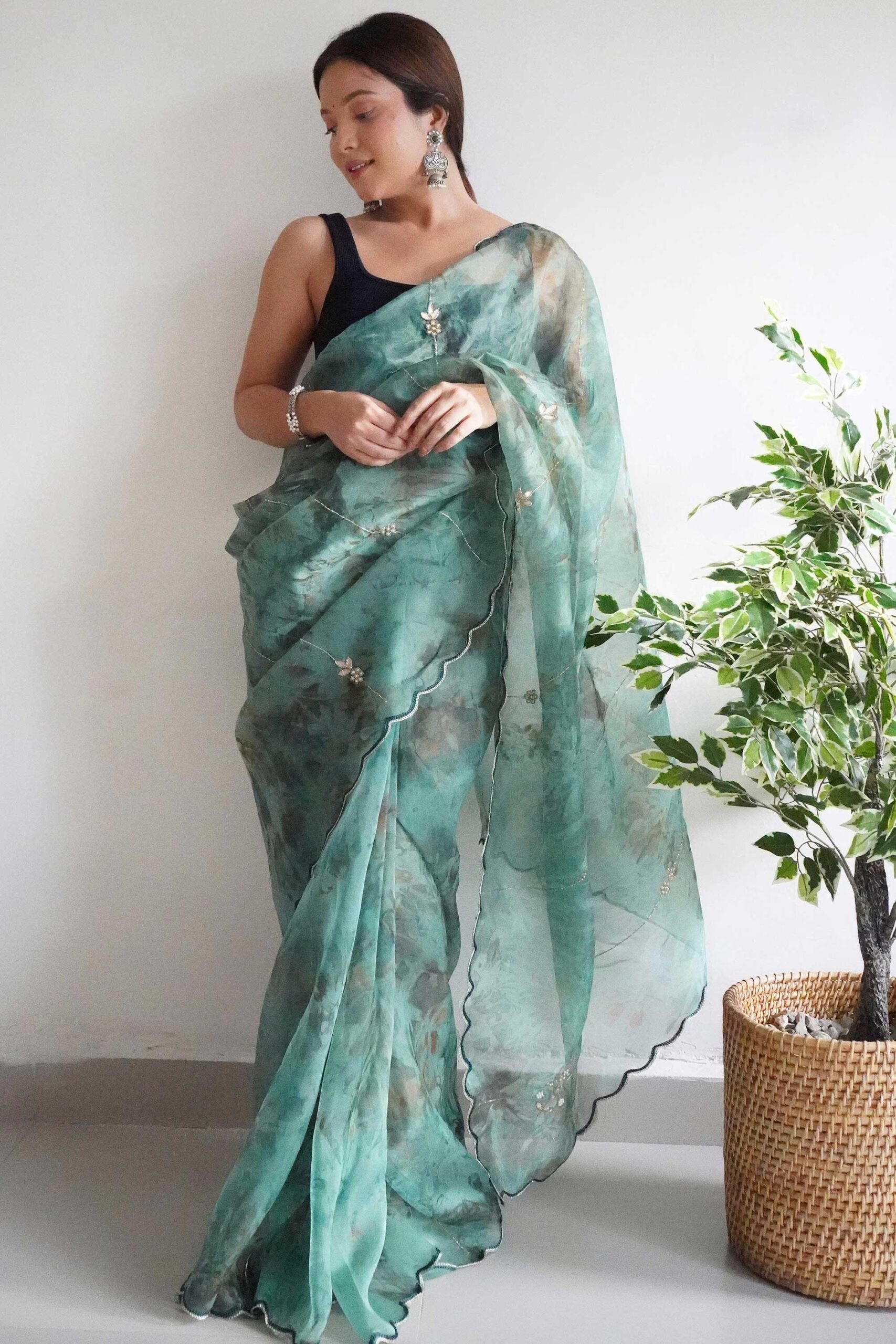 Emerald Ruffled Organza Saree Set – Seeaash