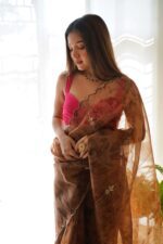 Rust-color-organza-saree-with-unstitched-blouse