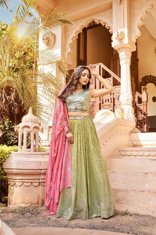 Blush Pink & Parrot Green Embroidered Lehenga Set Design by Mani Bhatia at  Pernia's Pop Up Shop 2024