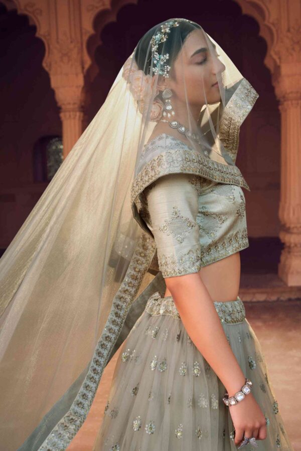 Grey net and lino silk designer lehenga choli