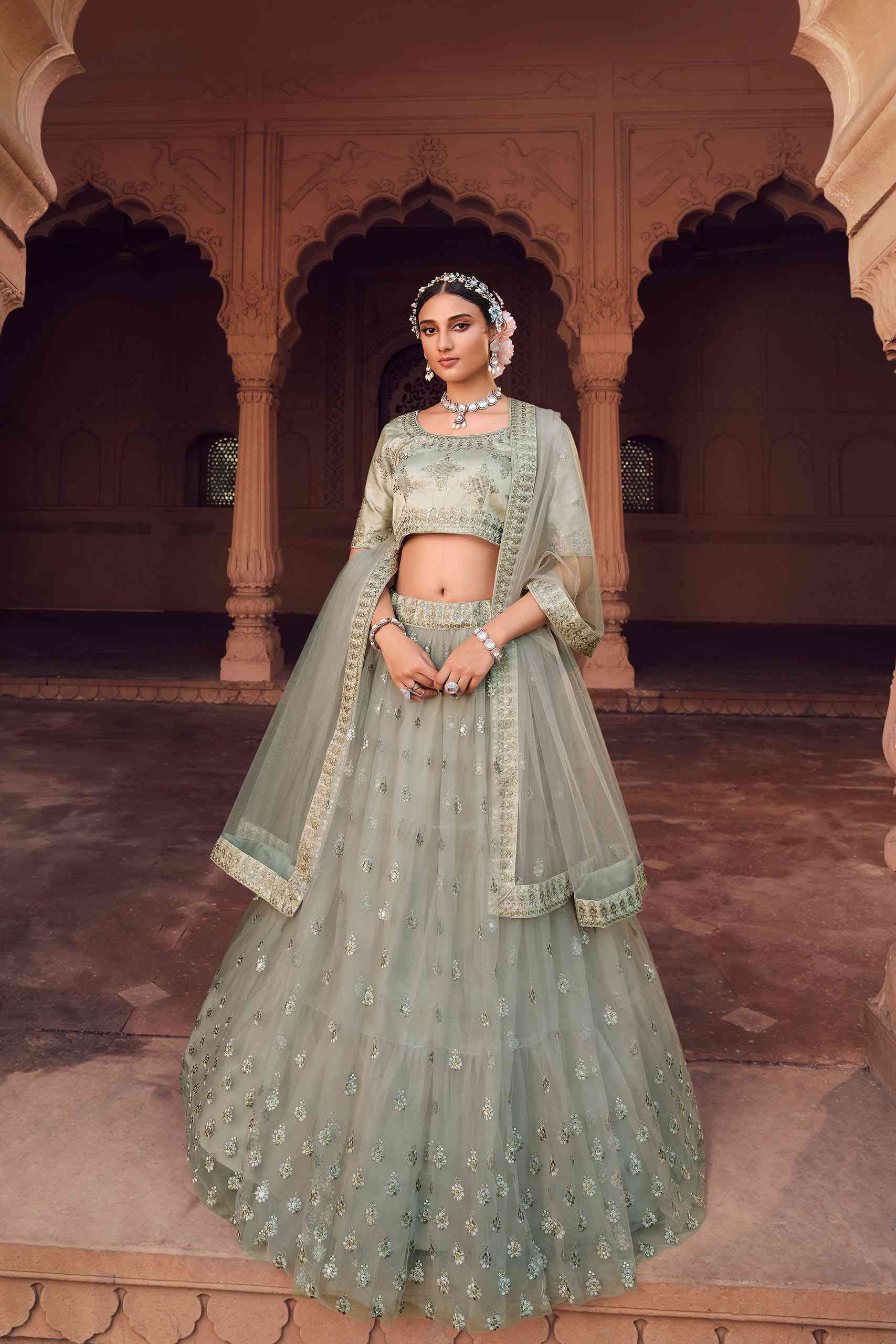 Grey net and lino silk designer lehenga choli