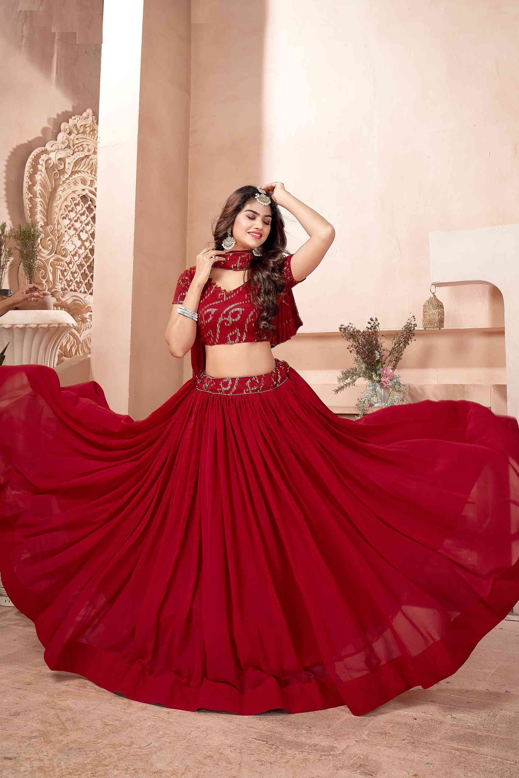 Red Sequin Embroidered Printed Lehenga Set With Blouse And Contrast Dupatta  - Hijab Online
