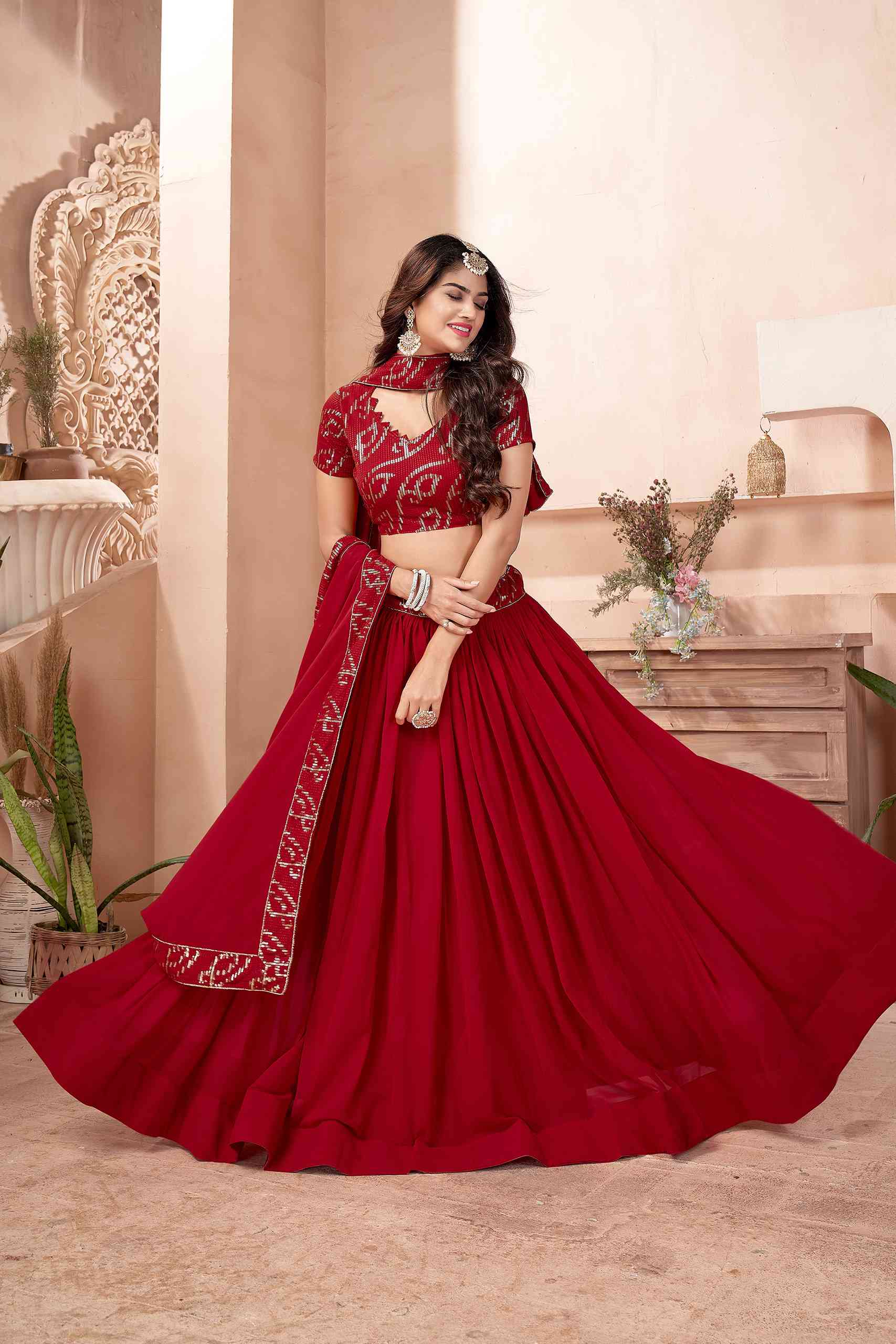 Glimmering Red Color Sequence Work Lehenga – Amrutamfab