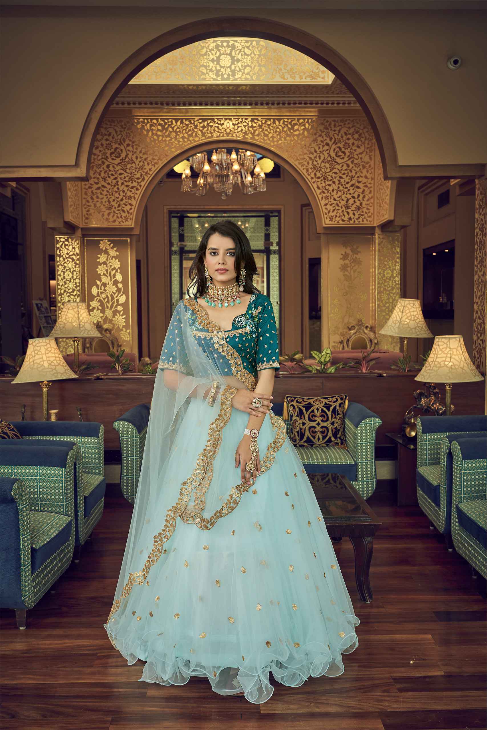 Blue Designer Partywear and Reception lehenga with crop top and  Embellishment -