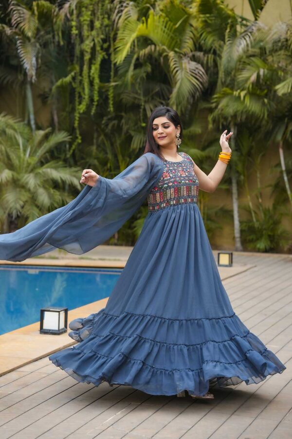 Blue Embroidery Work Gown