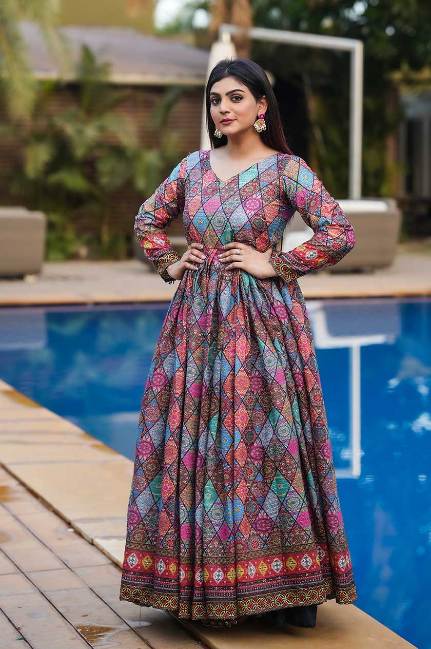 Expensive | Multi Colour Mehndi Casual Chanderi Gown and Multi Colour  Mehndi Casual Chanderi Trendy Gown online shopping