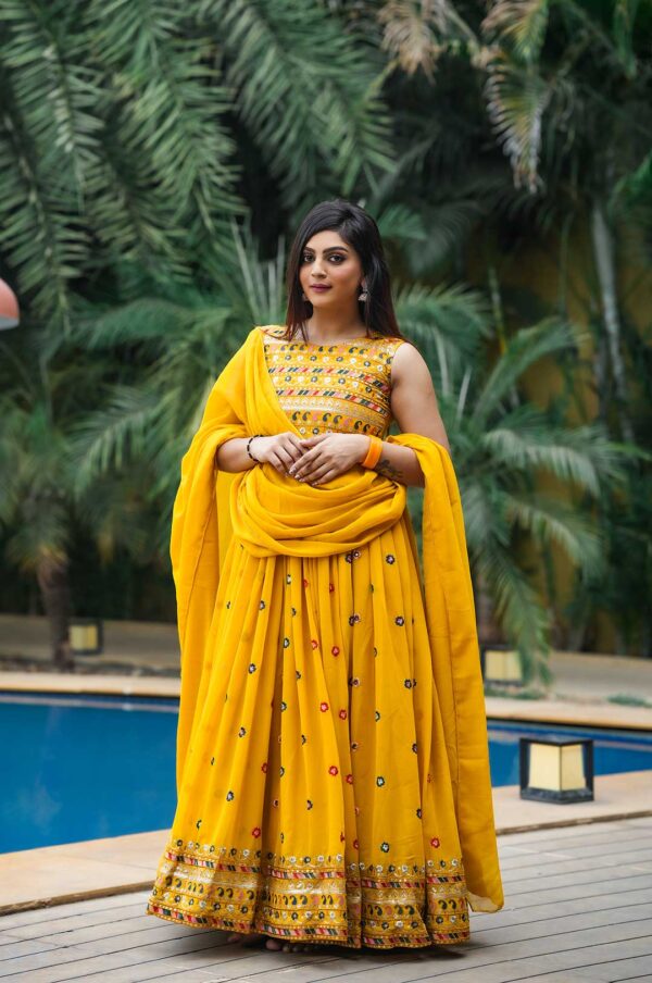 Yellow Fox Georgette Embroidery Work Gown