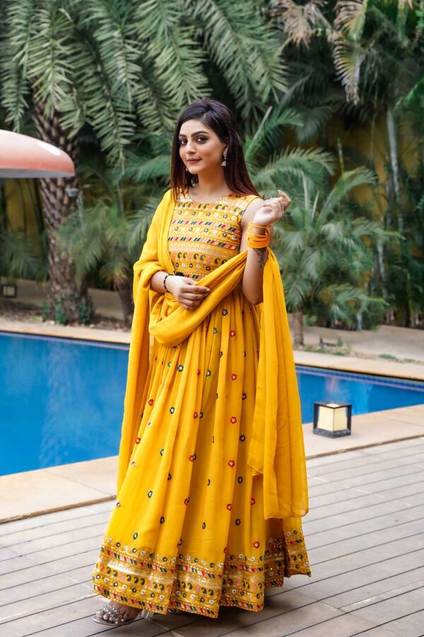 Yellow Fox Georgette Embroidery Work Gown