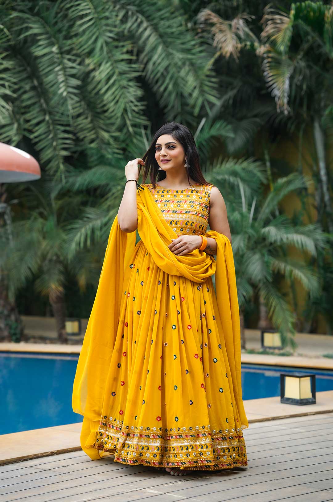 Yellow Fox Georgette Embroidery Work Gown
