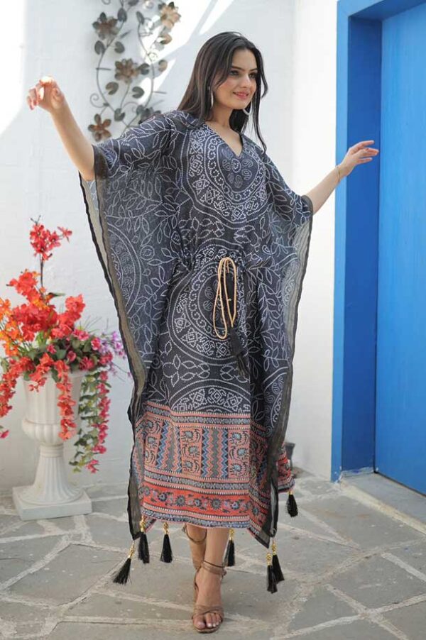 Black Designer Kaftan Chinon Crochet Digital Printed With Tassels