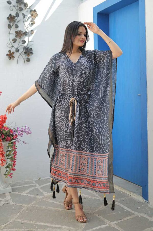 Black Designer Kaftan Chinon Crochet Digital Printed With Tassels