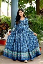Blue Chinnon With Sequins and Position Print work Gown (2)