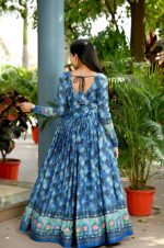 Blue Chinnon With Sequins and Position Print work Gown (4)