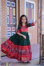Green Dola silk patola gown Froak for Girls (1 to 15 years) (4)