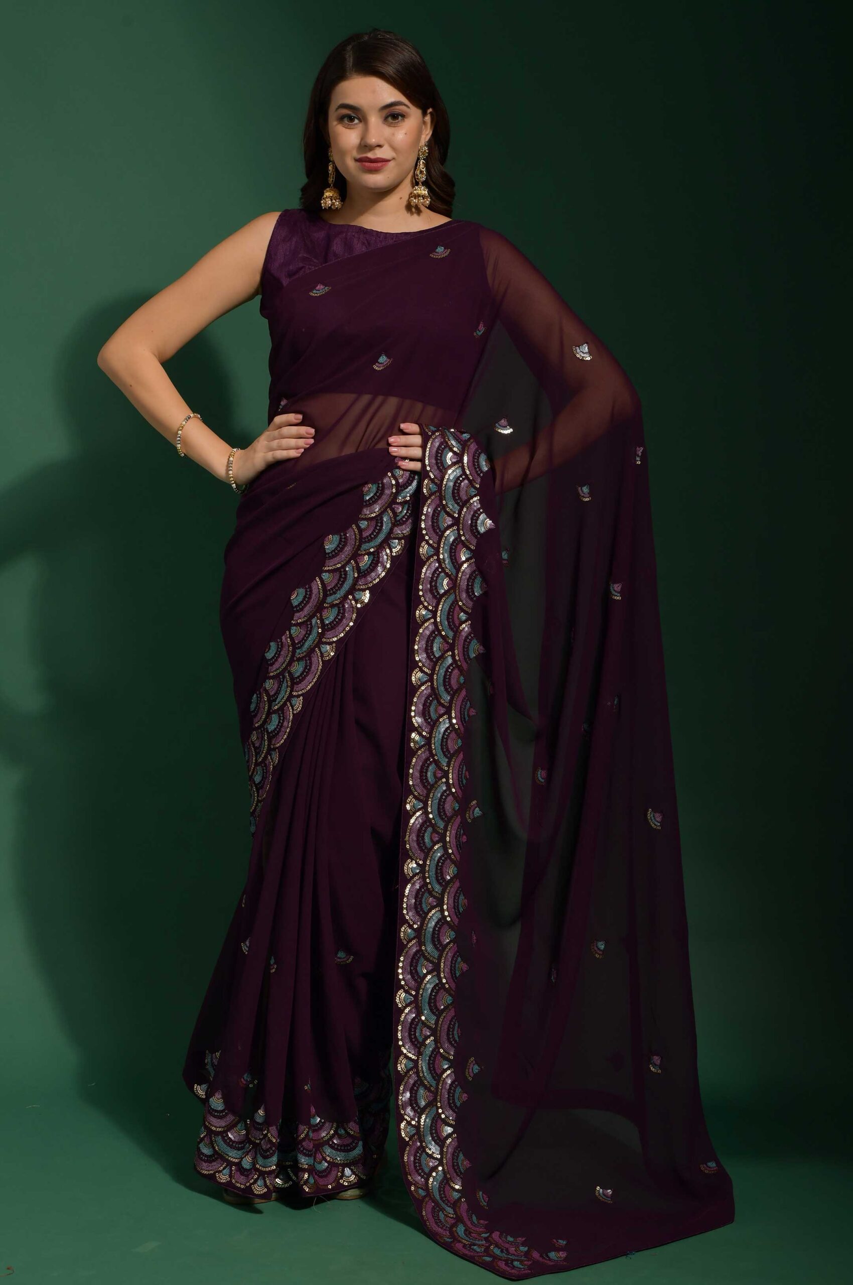Maroon SequinSway - Luxurious Georgette Saree with Dazzling Sequence