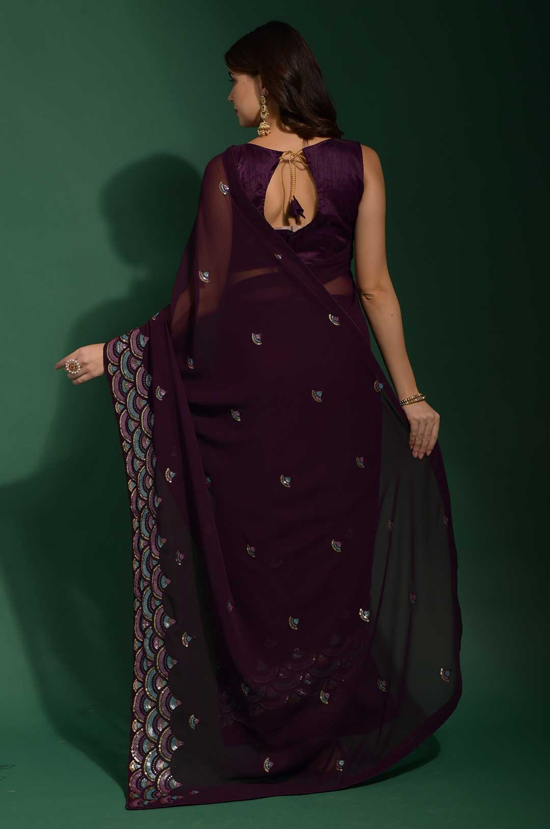 Maroon SequinSway - Luxurious Georgette Saree with Dazzling Sequence