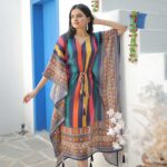 Multi Blue Designer Kaftan Chinon Crochet Digital Printed With Tassels