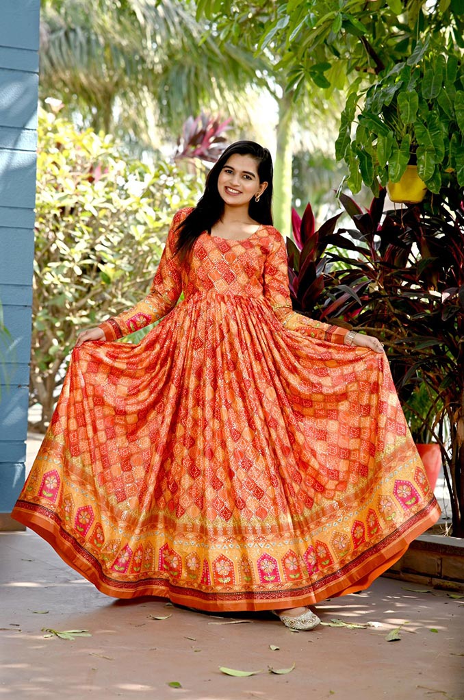 Orange Chinnon With Sequins and Position Print Work gown