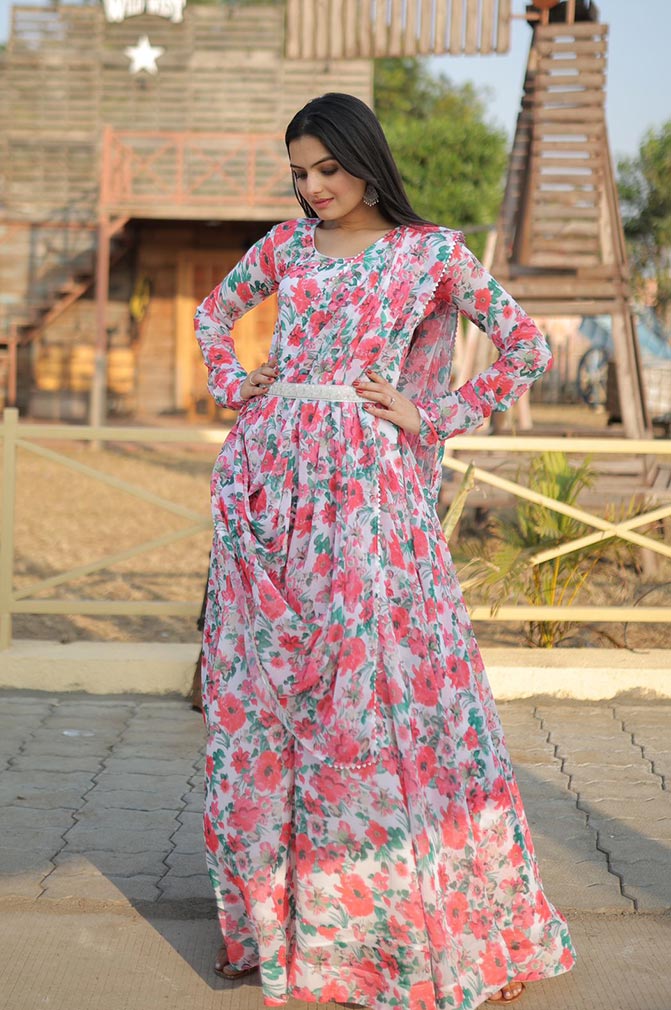 Green & White Cotton Printed Gown Dupatta Set | Printed gowns, Flared gown,  Gowns
