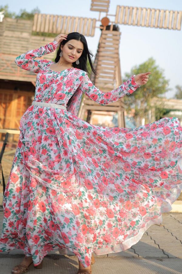 Pink Printed Casual Gown With Dupatta And Belt