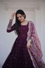 Wine Faux Blooming Embroidery zari Sequence work Gown With Dupatta (1)