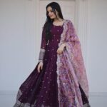 Wine Embroidery Zari And Sequince Work Gown With Dupatta