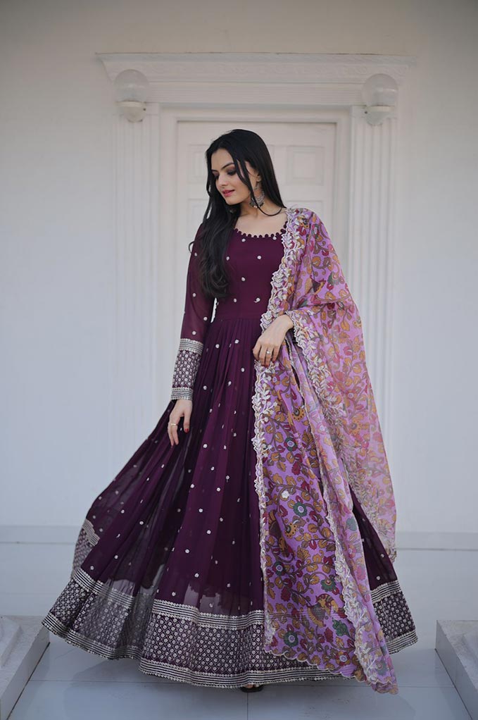 Wine Embroidery Zari And Sequince Work Gown With Dupatta