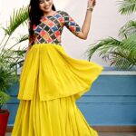 Yellow Designer Gown With Chinon Position Print Work