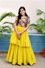 Yellow Designer Gown With Chinon Position Print Work (4)