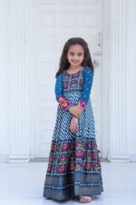 Blue Pashmina Silk with Patola Designer Foil Print Work gown for girls (2)