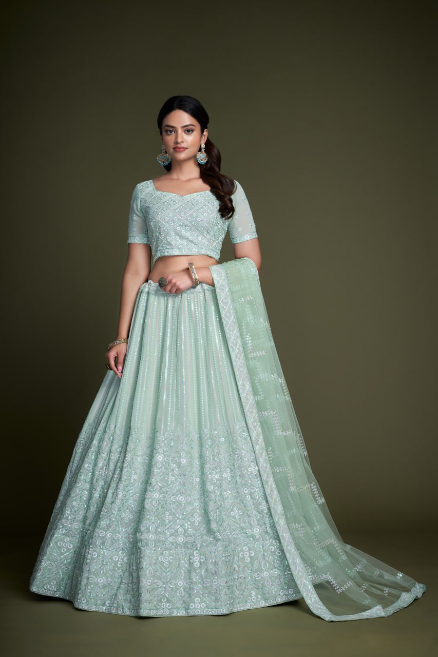 Embroidery Machine Bottle Green Sequence Work Designer Lehenga Choli at Rs  3269 in Surat