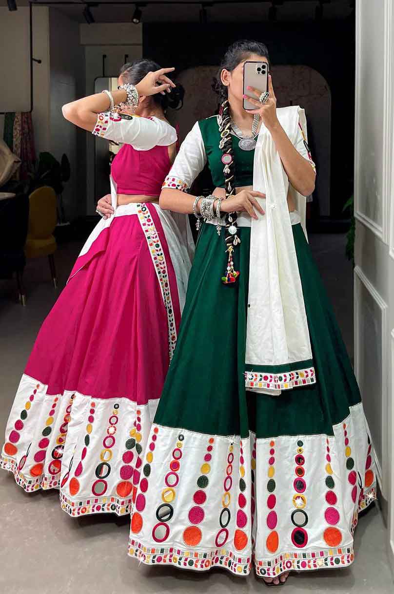 Embroidery and Mirror Work Pink Navratri Lehenga Choli Set and second is Embroidery and Real Mirror Work Green Lehenga Choli Set