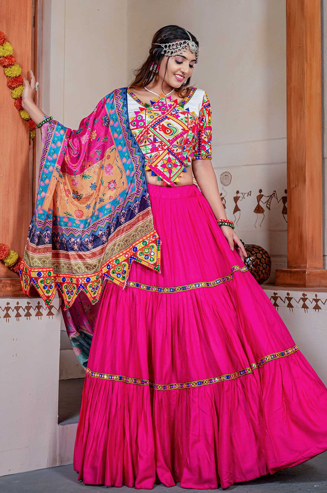 Navratri Special Off-White Ghagra Choli With Mirror Work - Ethnic Race