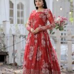 Red Digital Printed Faux Georgette with Embroidery Zari Sequins-work