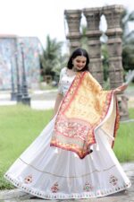 White Elegant Reyon Real Mirror Work Navratri Lehenga Choli Dupatta Set (2)