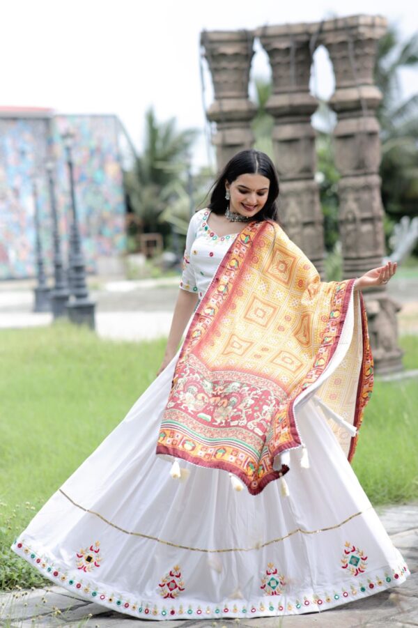 White Elegant Reyon Real Mirror Work Navratri Lehenga Choli Dupatta Set