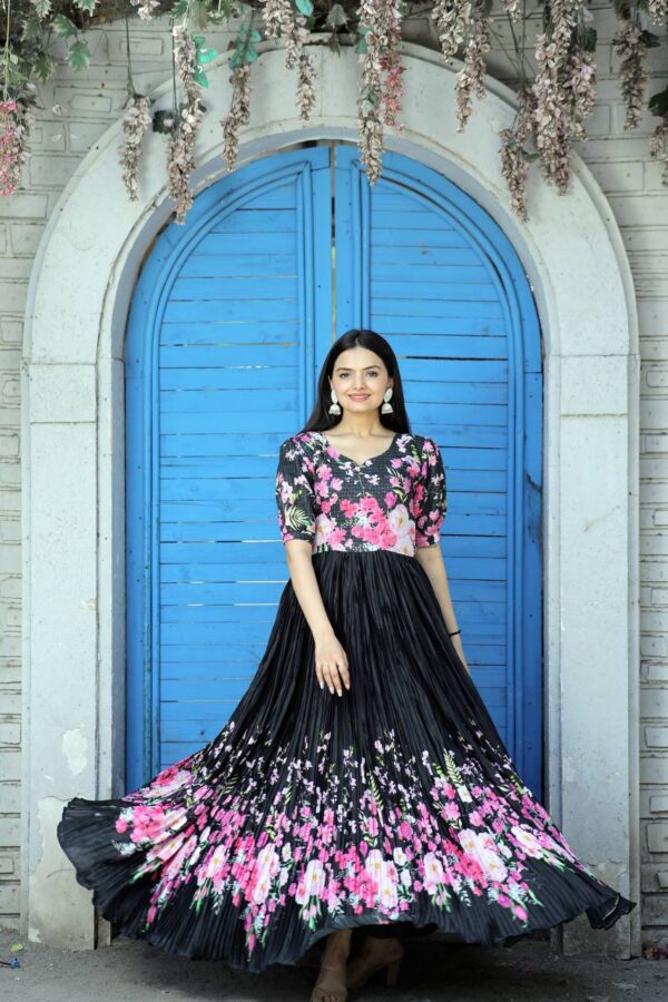 Black designer gown for women Maslin Crochet with Rich Digital Print on top & Chinnon Floral Print with Crush Pleating