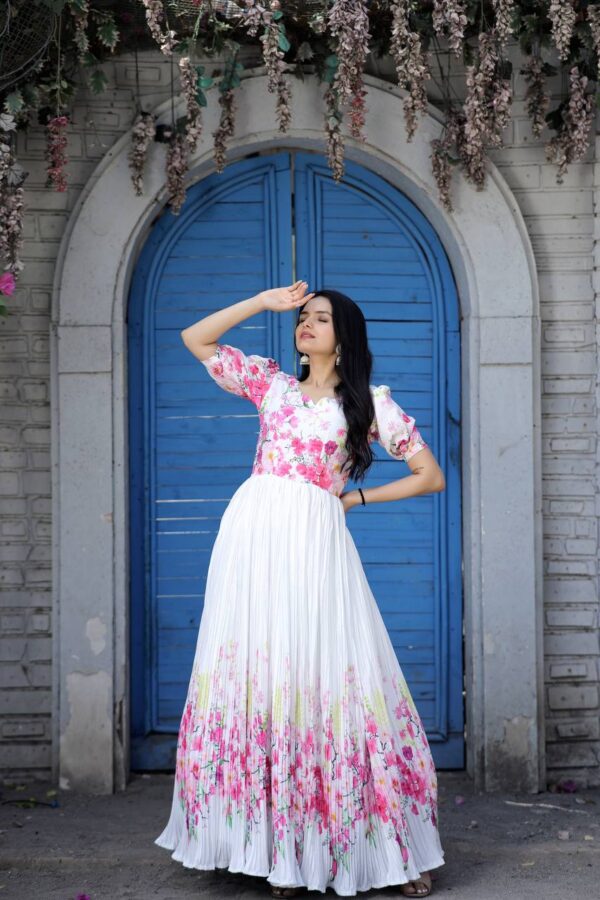 White designer gown for women Maslin Crochet with Rich Digital Print on top & Chinnon Floral Print with Crush Pleating