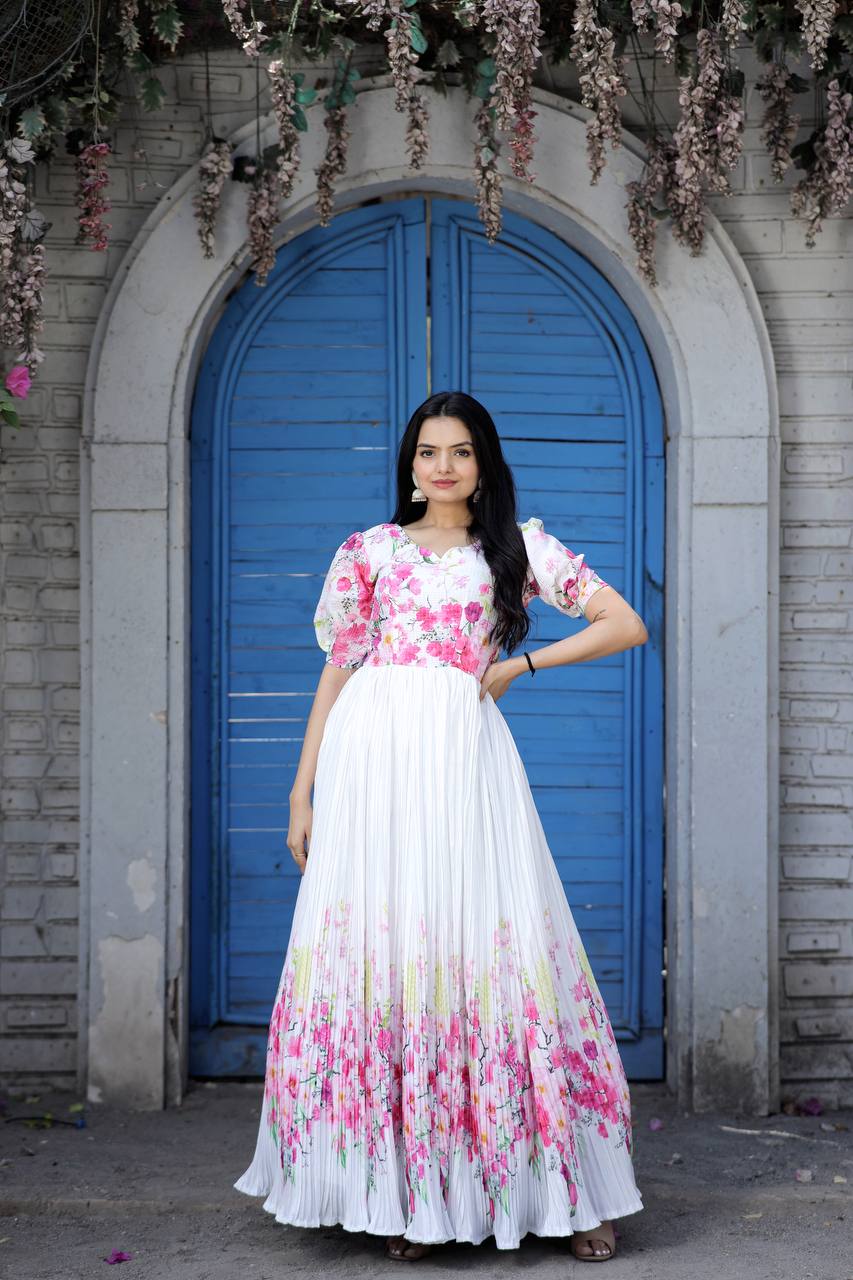 Amazing Chine Sequenced White Georgette Base Designer Gown With Red Dupatta  – Kaleendi