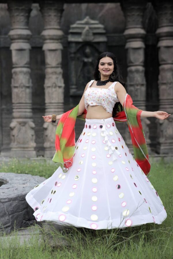 White Real Mirror Navratri Special Lehenga Choli