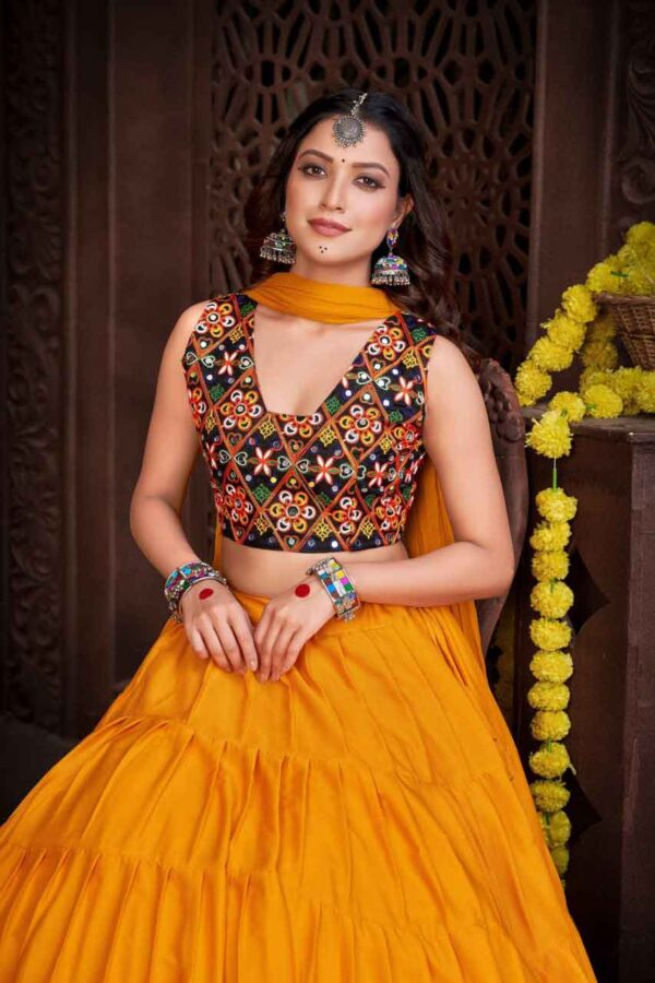 Yellow navratri lehenga choli with real mirror work - crepe, navratri festival special