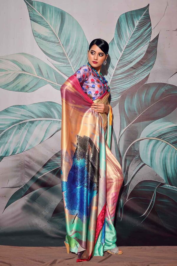 Multi colour Satin Silk Digital Print Saree for Girls and Women (design no.4)