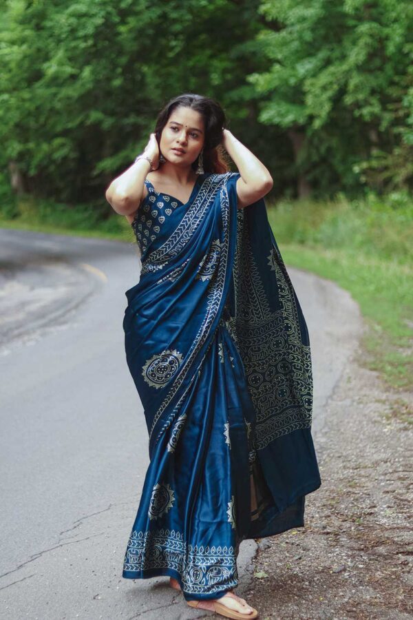 Teal semi gaji satin saree in foil and print work