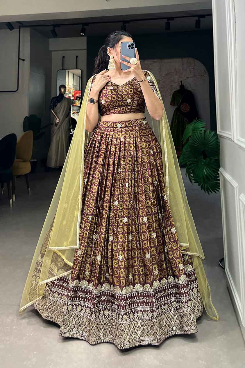 bridesmaid Brown lehenga choli in chinon fabric with Digital Print With Embroidery Sequins Work