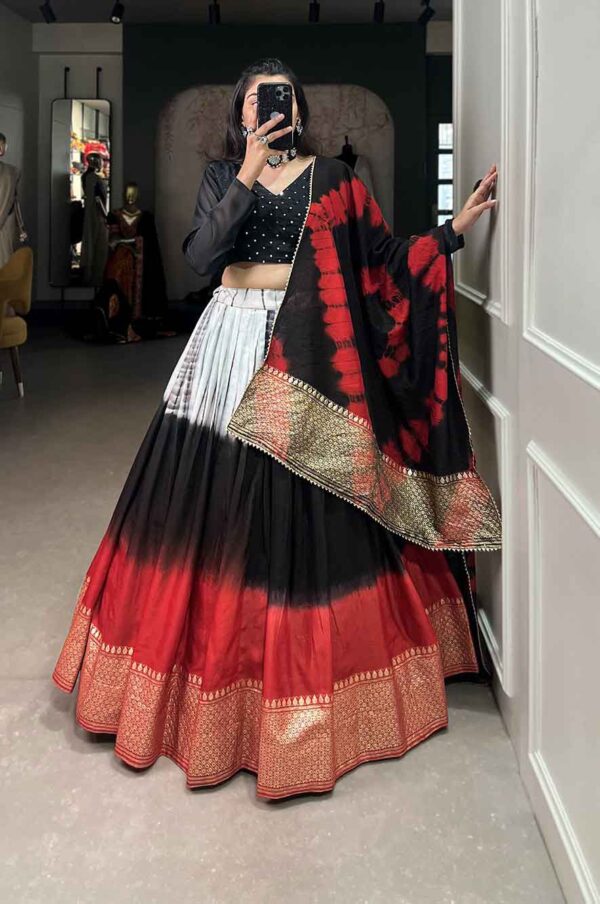 Handmade shibori print and zari border white black and red colour combination lehenga choli set in pure chanderi silk