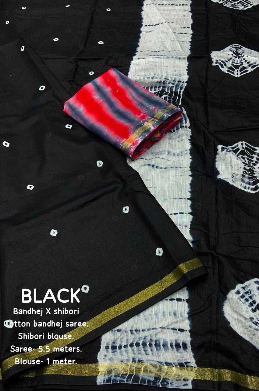 black saree with hand block print work and muticolor blouse