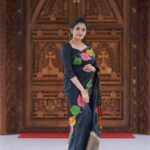 black silk saree with multicolour leaf print and matching blouse