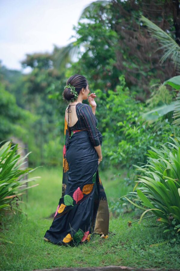 black silk saree with multicolour leaf print and matching blouse