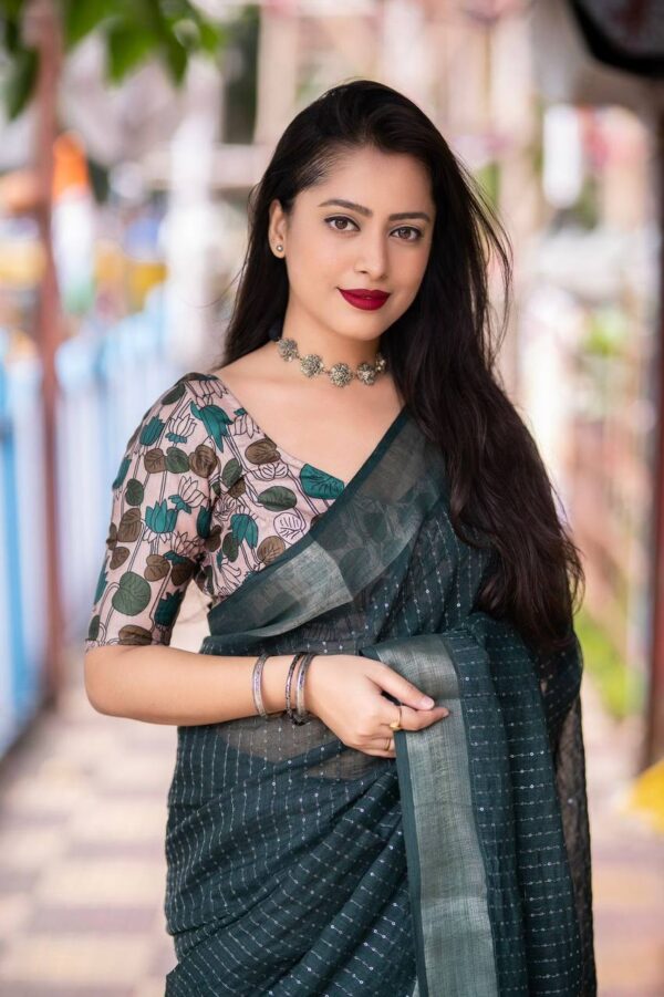 green linan saree with multi design print blouse